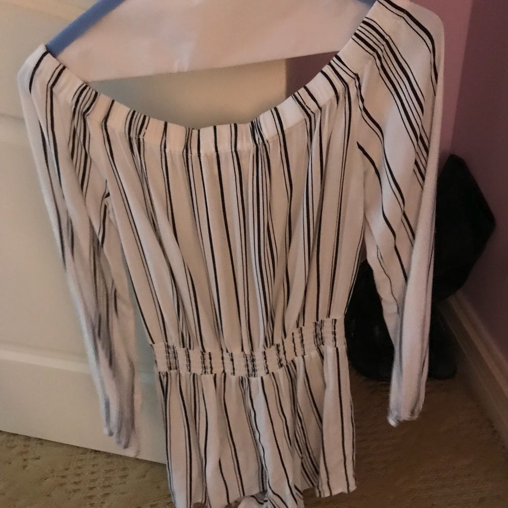 Off the shoulder stripped romper!